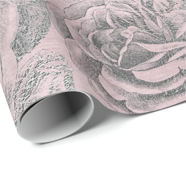Roses Silver Gray Floral Pink Rose Pastel Velvet Wrapping Paper (Roll Corner)