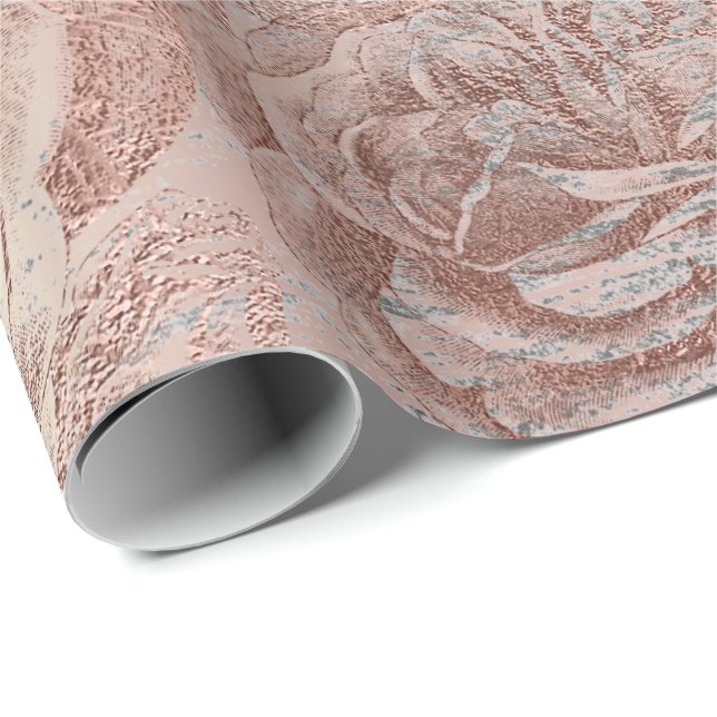 Roses Silver Gray Floral Rose Gold Blush Pink Wrapping Paper (Roll Corner)