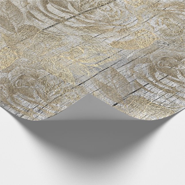 Roses Silver Gray Floral Wood Foxier Gold Rustic Wrapping Paper (Corner)
