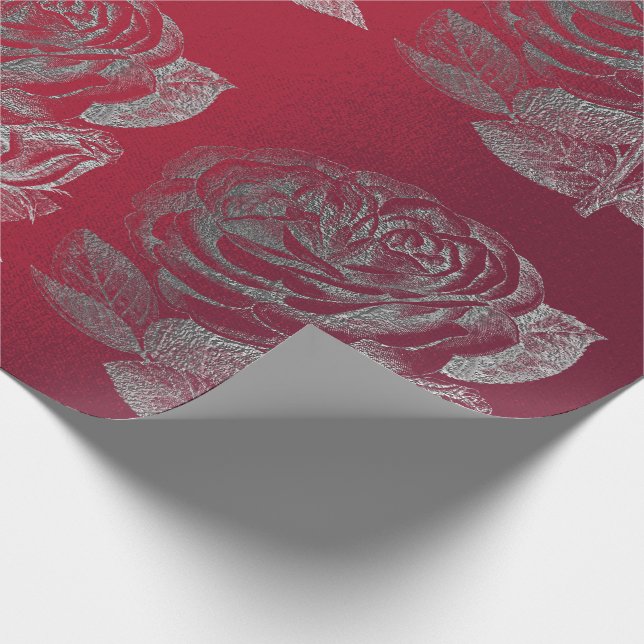 Roses Silver Gray Metallic Floral Red Wine Chic Wrapping Paper (Corner)