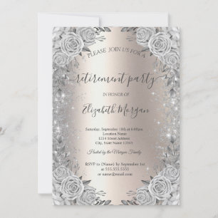 Roses Silver Sparkle Diamonds Ivory Retirement Invitation