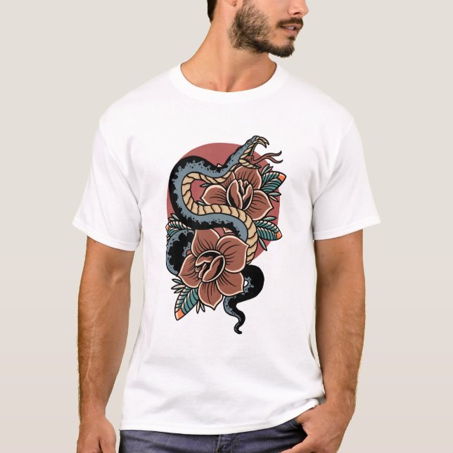 Roses snake old- style tattoo design  T-Shirt (Front)