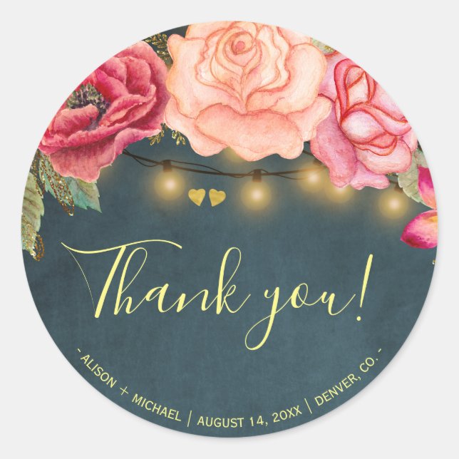 Roses string lights chalkboard thank you wedding classic round sticker (Front)