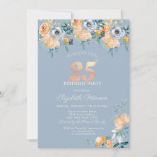 Roses String Lights Dusty Blue 25th Birthday Invitation