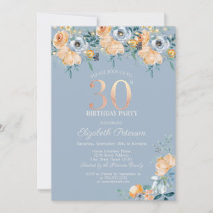 Roses String Lights Dusty Blue 30th Birthday Invitation
