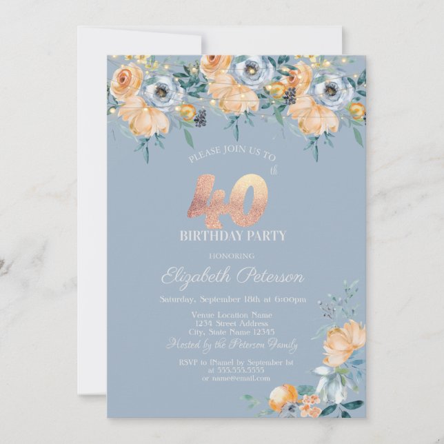  Roses String Lights Dusty Blue 40th Birthday Invitation (Front)