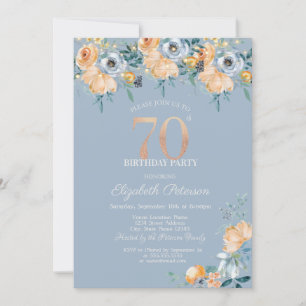  Roses String Lights Dusty Blue 70th Birthday Invitation