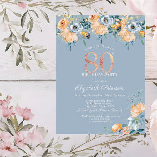  Roses String Lights Dusty Blue 80th Birthday Invitation