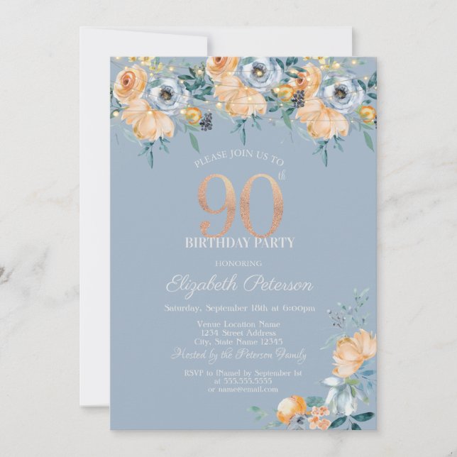  Roses String Lights Dusty Blue 90th Birthday Invitation (Front)
