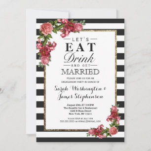 Roses Stripes and Gold Engagement Party Invitation