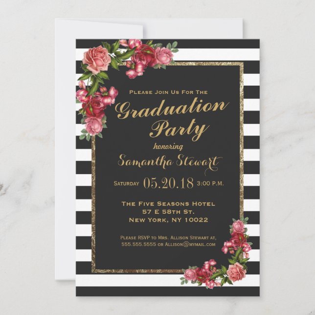 Roses Stripes and Gold Graduation Party Invitation (Front)