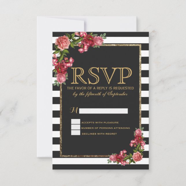 Roses Stripes and Gold RSVP Cards (Front)