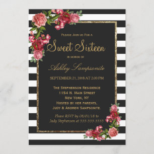 Roses Stripes and Gold Sweet 16 Invitations