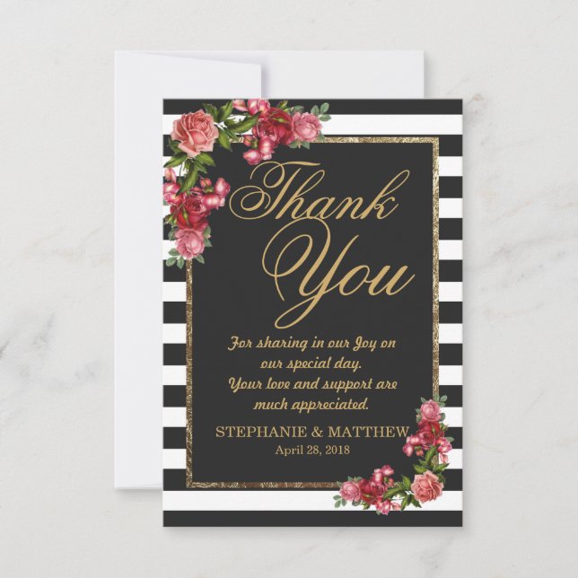 Roses Stripes and Gold Thank You Cards (Front)