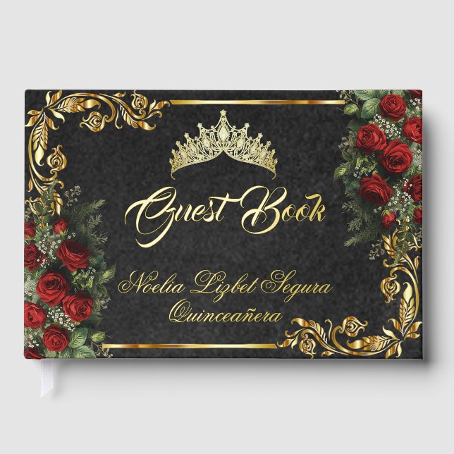 Roses, Tiara & Gold Leaves - Black Guest Book (Front)