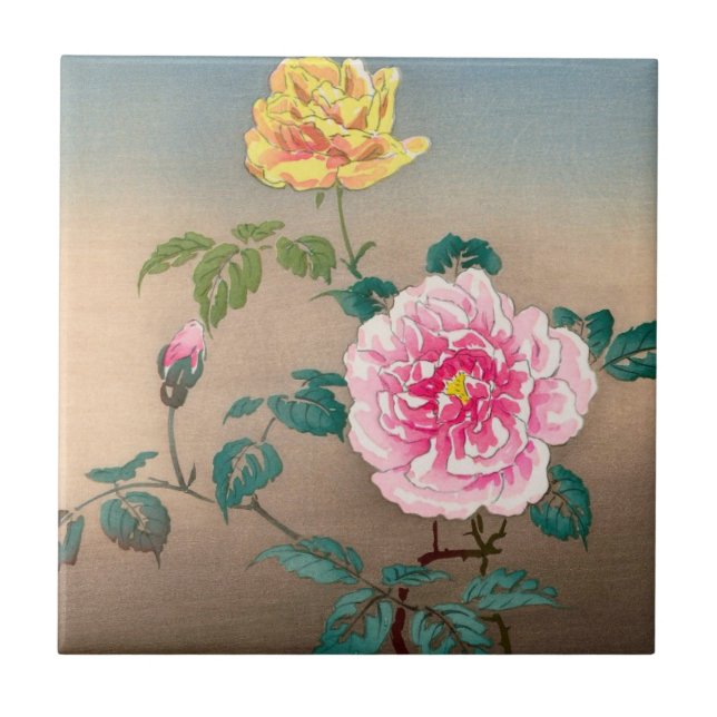 Roses Tsuchiya Koitsu japanese flowers painting Tile (Front)