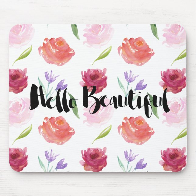 Roses Watercolor Floral Hello Beautiful Mouse Mat (Front)