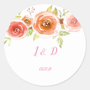 Roses Watercolor Floral Wedding Classic Round Sticker