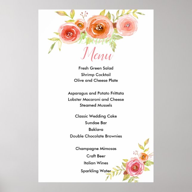 Roses Watercolor Floral Wedding Menu Card Poster (Front)