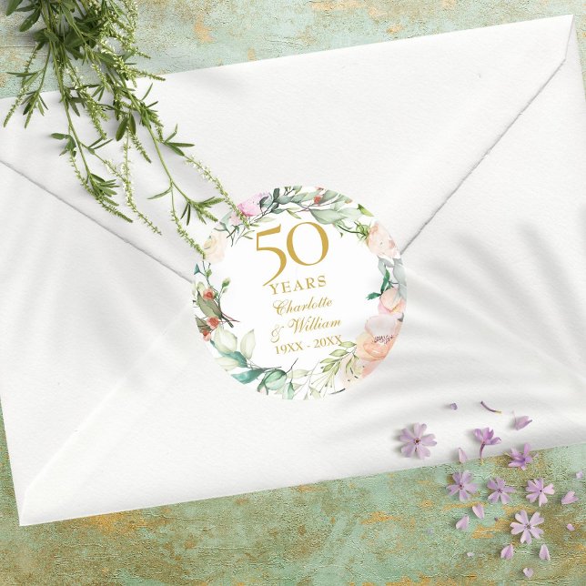 Roses Watercolor Garland 50th Anniversary Classic Round Sticker (Roses Watercolor Garland 50th Anniversary Classic Round Sticker)