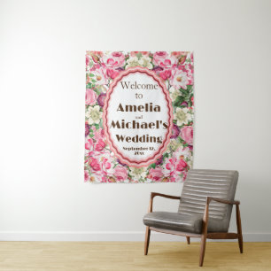 Roses White Florals Wedding Backdrop Tapestry