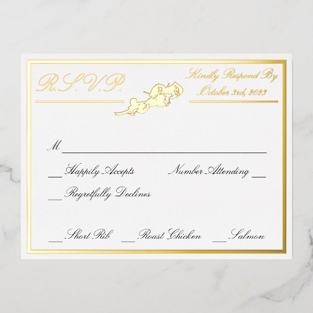 Roses, White Wedding RSVP Gold Foil Invitation Postcard (Front)