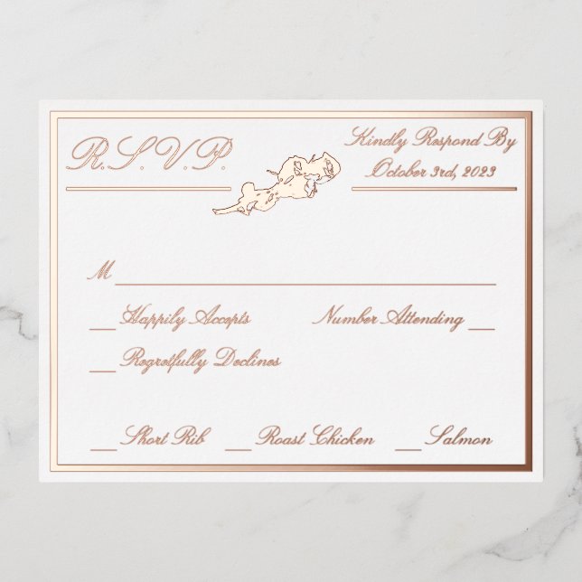 Roses, White Wedding RSVP Rose Gold Full Foil Invitation Postcard (Front)