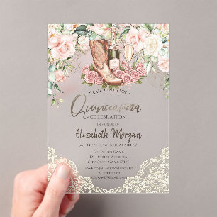 Roses Wine Boots Lace Quinceanera Acrylic Invitations