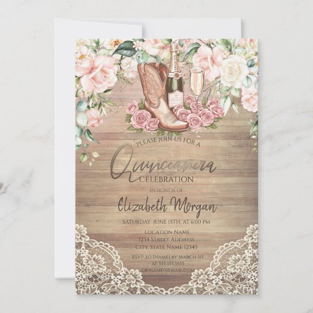 Roses Wine Boots Lace Quinceanera Invitation (Front)