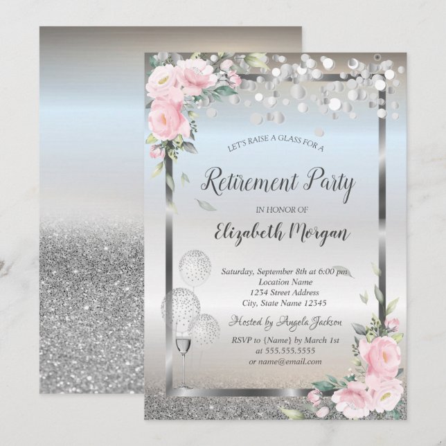 Roses Wine Glass Balloons Glitter Retirement  Invitation (Front/Back)