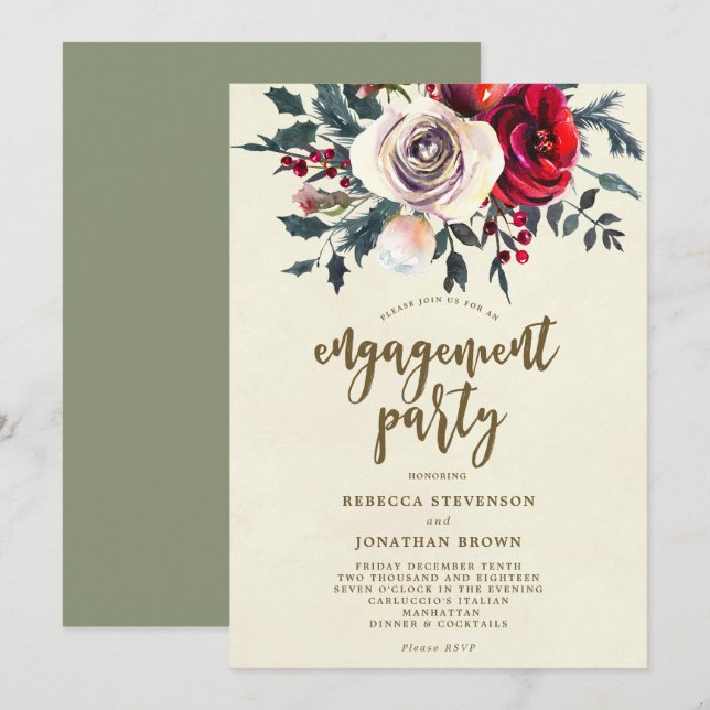 roses winter floral engagement party invitation (Front/Back)
