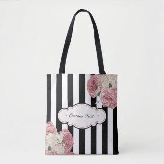 Roses with Black and White Stripes Tote Bag
