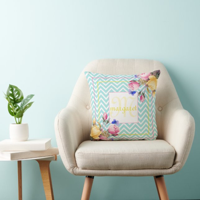 Roses with Chevron Background Monogrammed Cushion (Chair)