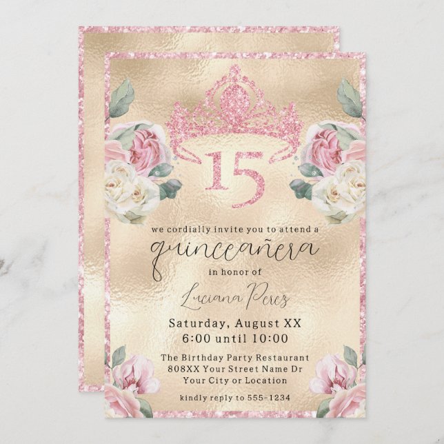 Roses with Glitter Tiara on Gold Quinceañera Invitation (Front/Back)
