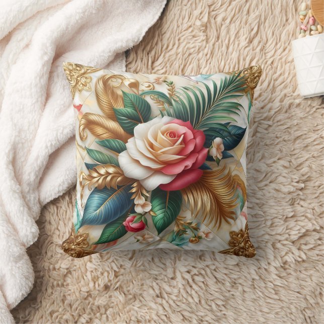 Roses With Gold Leaves on Marble Cushion (Blanket)