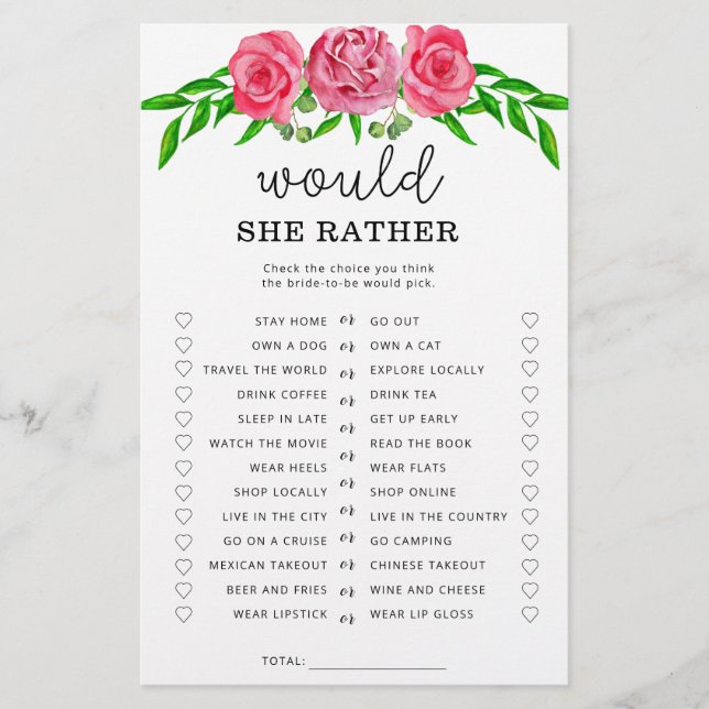 Roses Would she rather bridal shower game (Front)