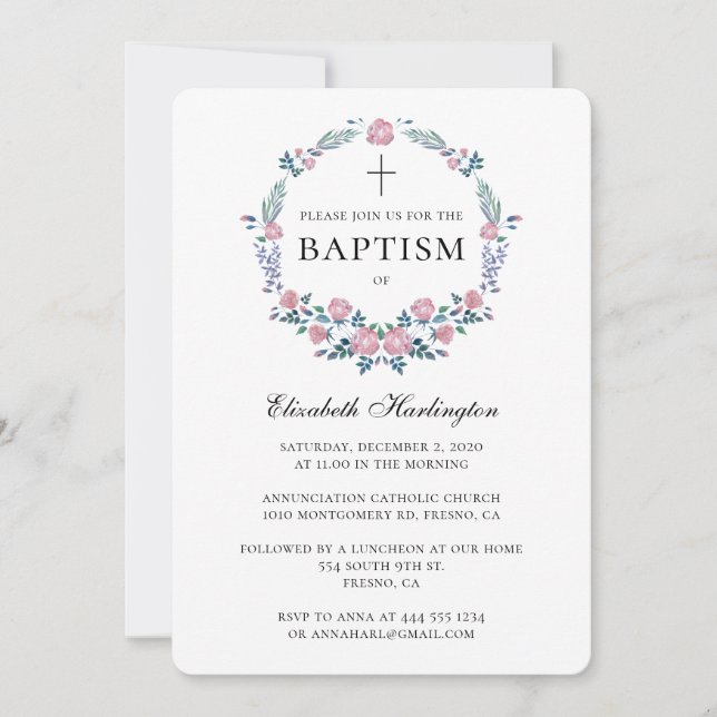 Roses wreath baptism invitation. Pink flowers Invitation (Front)