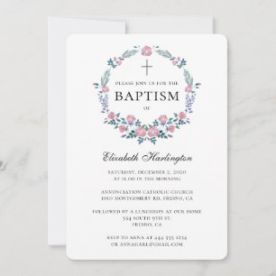 Roses wreath baptism invitation. Pink flowers Invitation