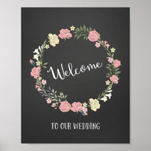Roses Wreath Wedding Welcome Sign Poster Print