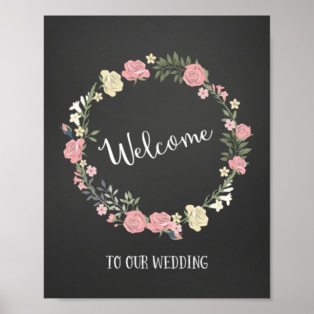 Roses Wreath Wedding Welcome Sign Poster Print (Front)
