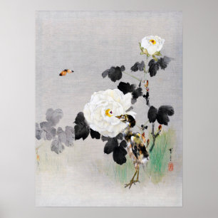 Roses, Young Bird and a Butterfly, Watanabe Seitei Poster