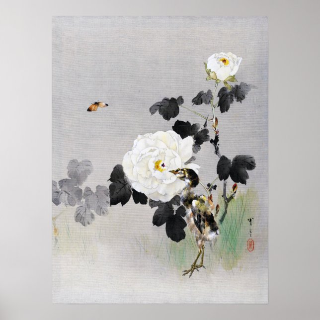 Roses, Young Bird and a Butterfly, Watanabe Seitei Poster (Front)