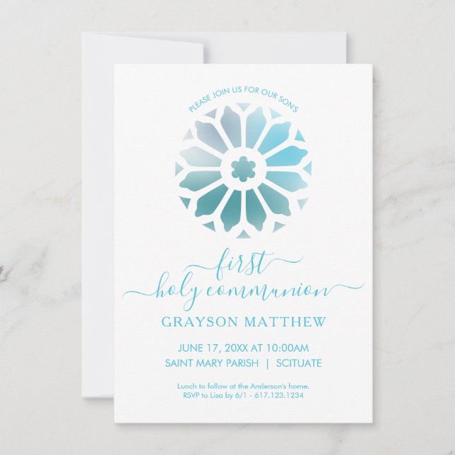 Rosette, Blue First Holy Communion Invitation (Front)