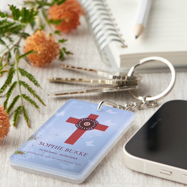 Rosette Cross Blue Butterflies Pet Memorial Poem Key Ring (Front Right)