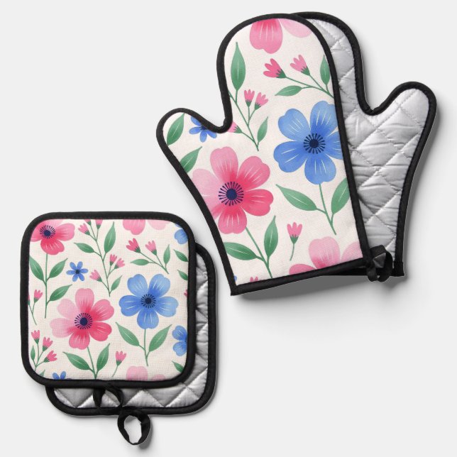 Rosewater Bloom Oven Mitt & Pot Holder Set (Front/Back)