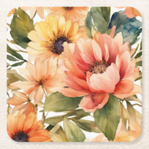 Rosewater Bloom: Waterproof Flower Evening Design Square Paper Coaster