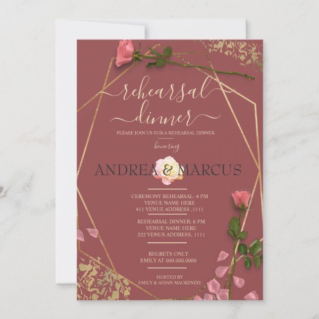 Rosewood and Gold Wedding Rehearsal Dinner (Front)
