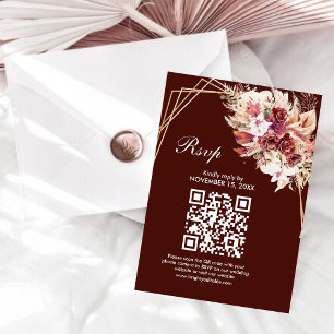 Rosewood Gold Frame QR Code Wedding RSVP Card