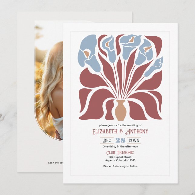 Rosewood & Mist Abstract Floral Boho Wedding Invitation (Front/Back)