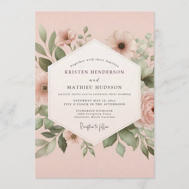 Rosewood Painted Flora Wedding Invitation (Front)
